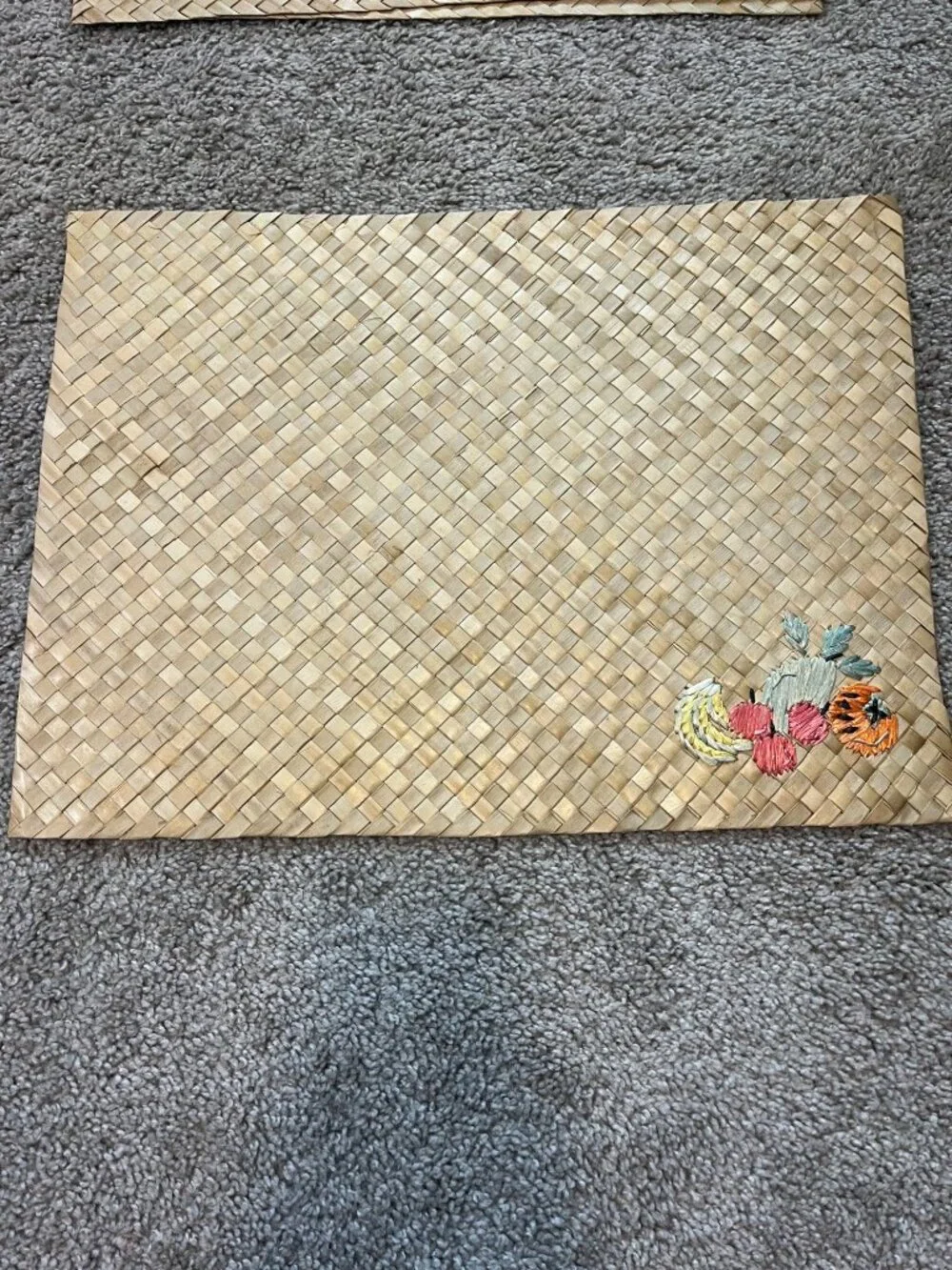 Set Of 4 Vintage Woven Straw Placemats With Embroidered Fruit Design
